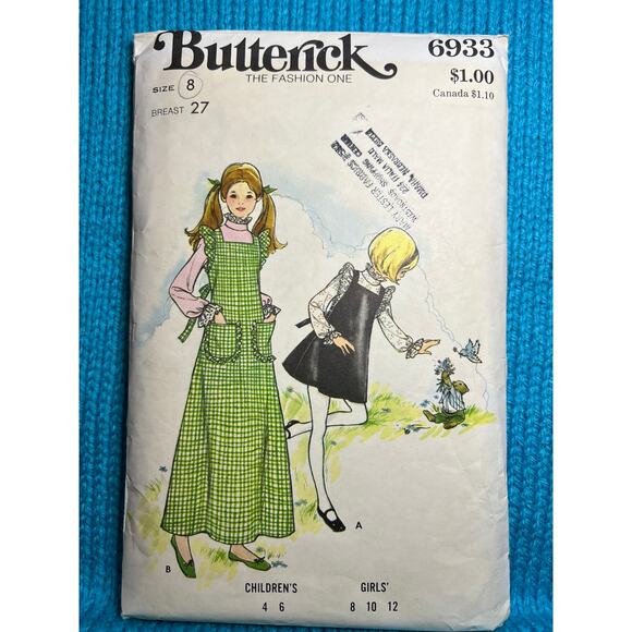 Butterick 6933 pattern Girls jumper blouse 1970s size 8 - Picture 1 of 9